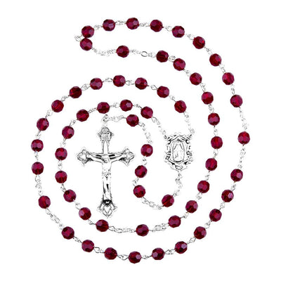 5- Decade Miraculous Sterling Silver Rosary with 6mm Finest Austrian Ruby Crystal Faceted Round Beads, HMH Religious