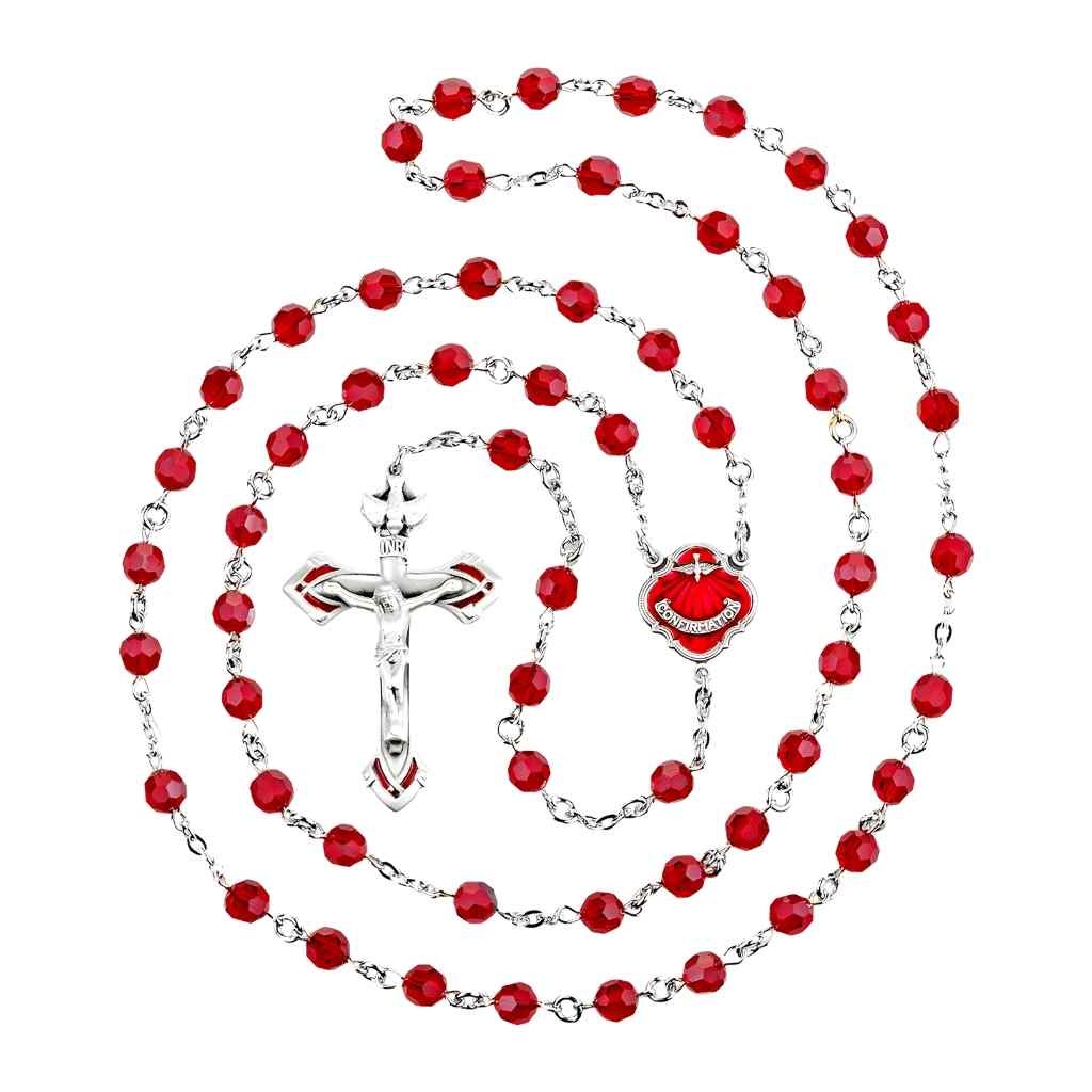 HMH Red Dove Confirmation 6mm Ruby Crystal Sterling Silver Rosary with Sterling Wire and Chain