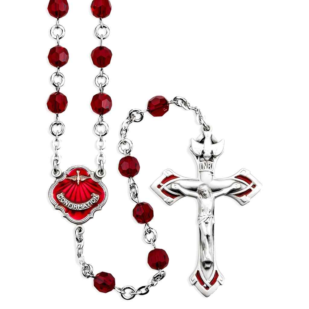 Red Dove Confirmation 6mm Ruby Crystal Sterling Silver Rosary with Sterling Wire and Chain