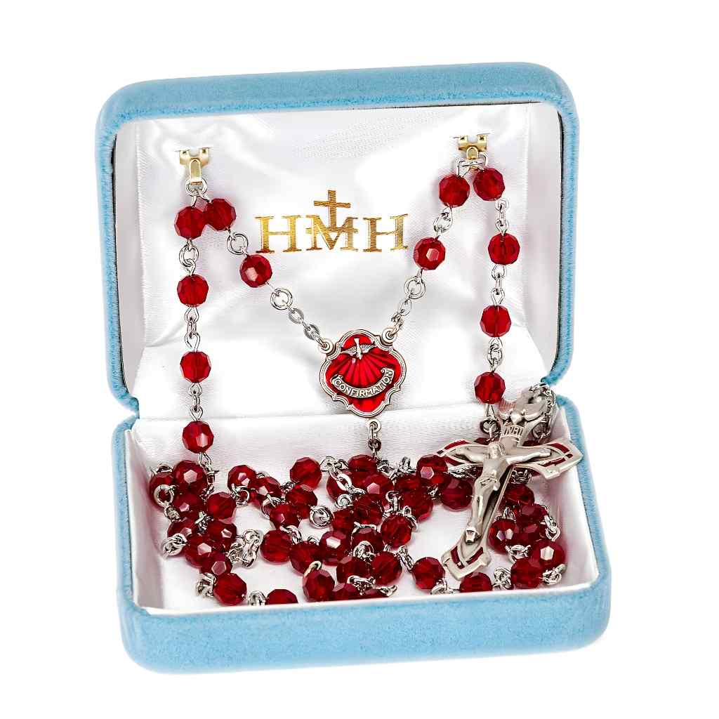 Red Dove Confirmation 6mm Ruby Crystal Sterling Silver Rosary with Sterling Wire and Chain in Gift Box