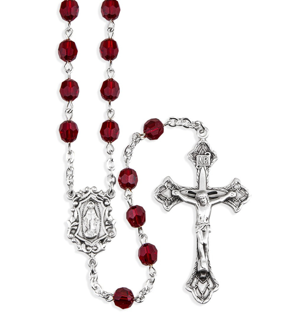 Tail of HMH 6mm Ruby Austrian Crystal Sterling Silver Rosary