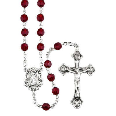 Miraculous Sterling Silver Rosary with 6mm Finest Austrian Ruby Crystal Faceted Round Beads, HMH Religious