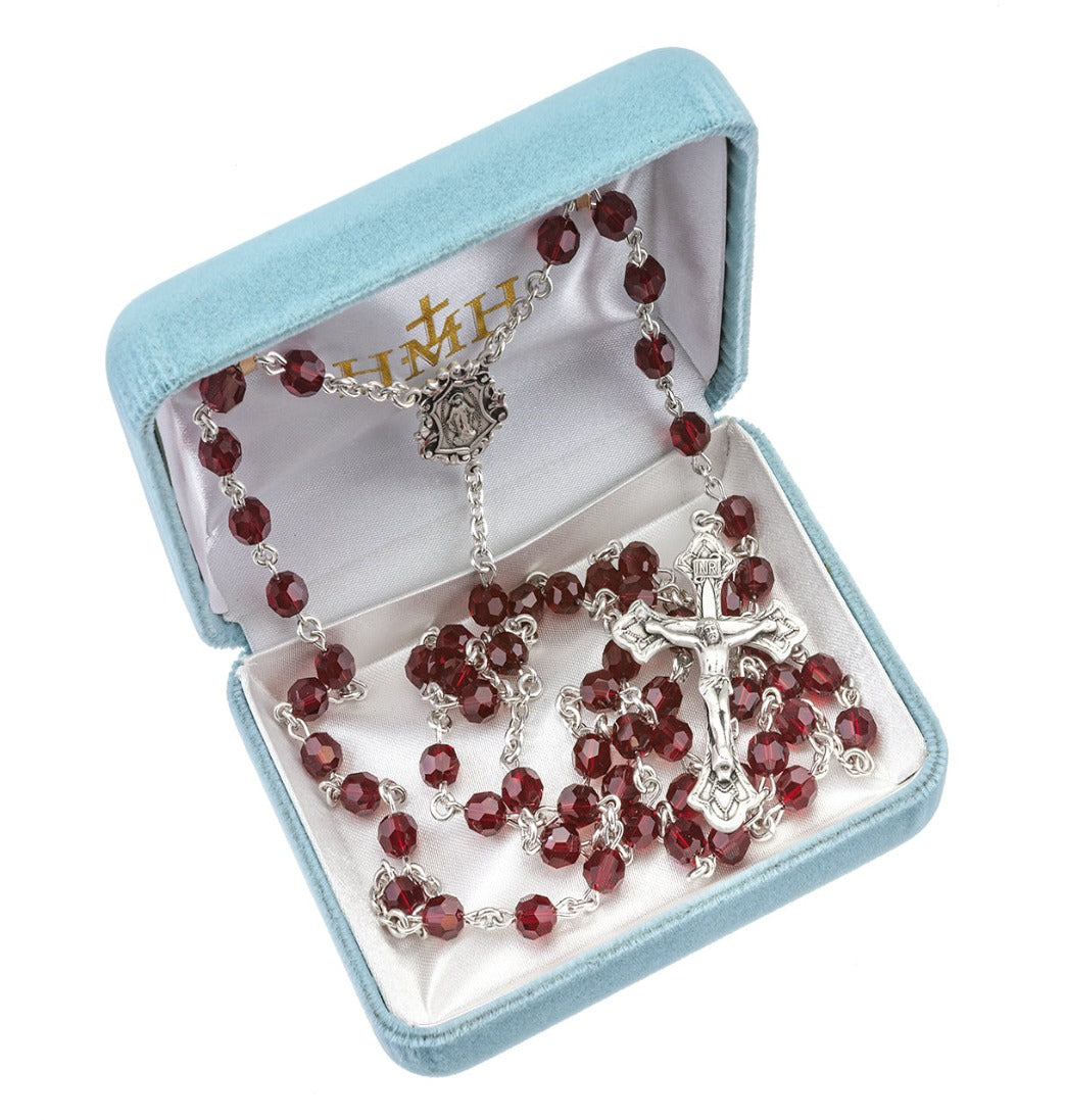 HMH 6mm Ruby Austrian Crystal Sterling Silver Rosary in Box