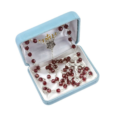 Miraculous Sterling Silver Rosary with 6mm Finest Austrian Ruby Crystal Faceted Round Beads in Gift Box, HMH Religious