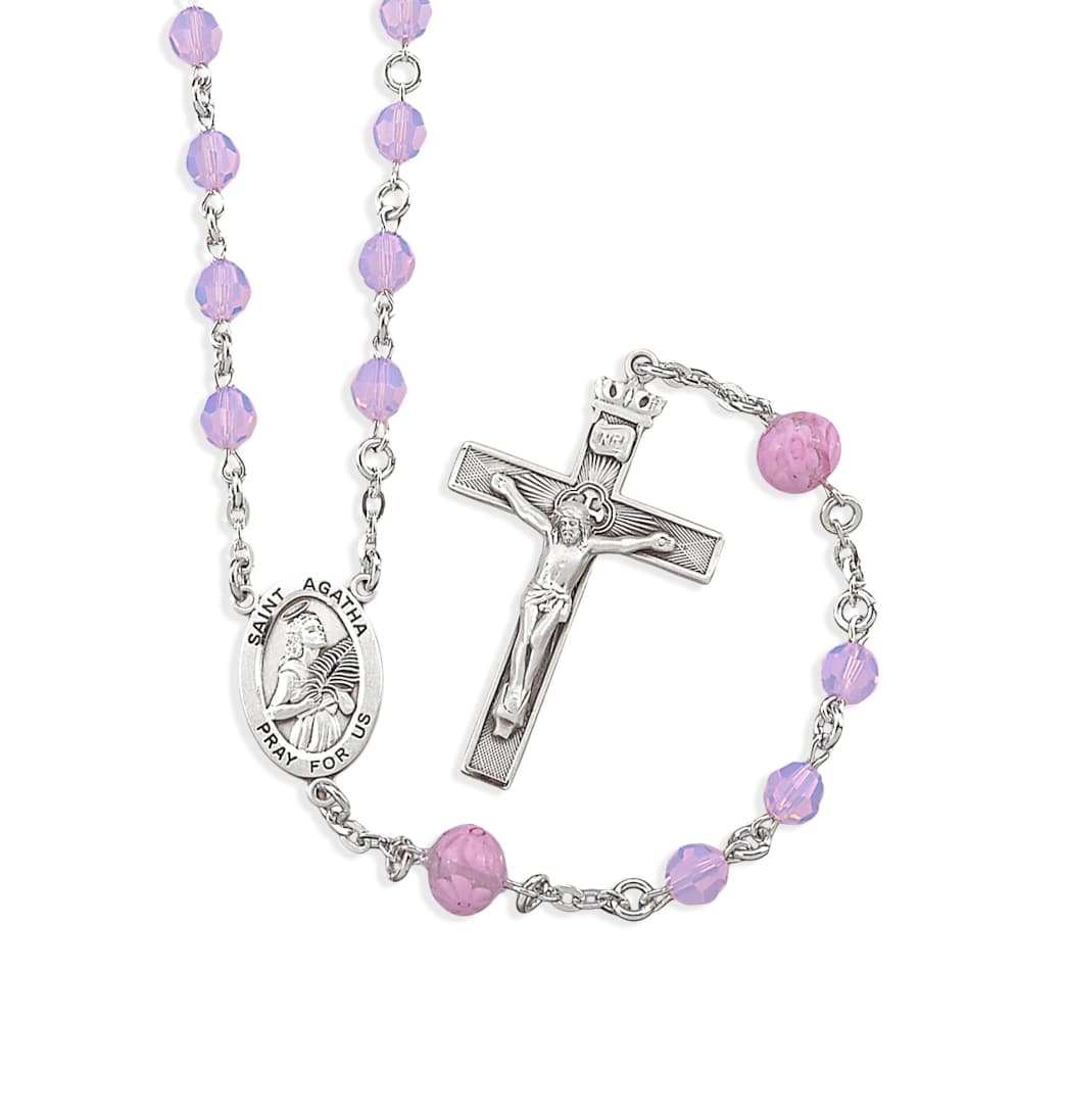 HMH Religious Sterling Silver St Agatha Rose Opal Crystal and 8mm Pink Rose Rosary,