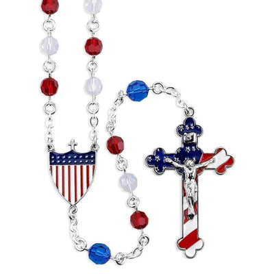 The tail of the American Patriotic All Sterling Silver and Crystal Red, White and Blue Rosary Crystal Rosary