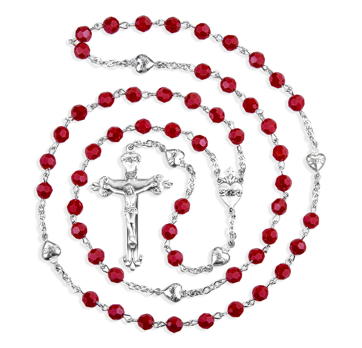 Sacred Heart of Jesus Red Crystal Sterling Silver Rosary