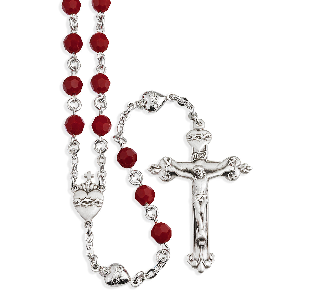 Sacred Heart of Jesus Red Crystal Sterling Silver Rosary