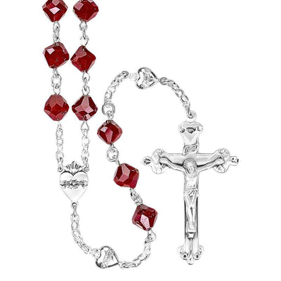 Sacred Heart of Jesus Red Crystal Sterling Silver Rosary, HMH Religious