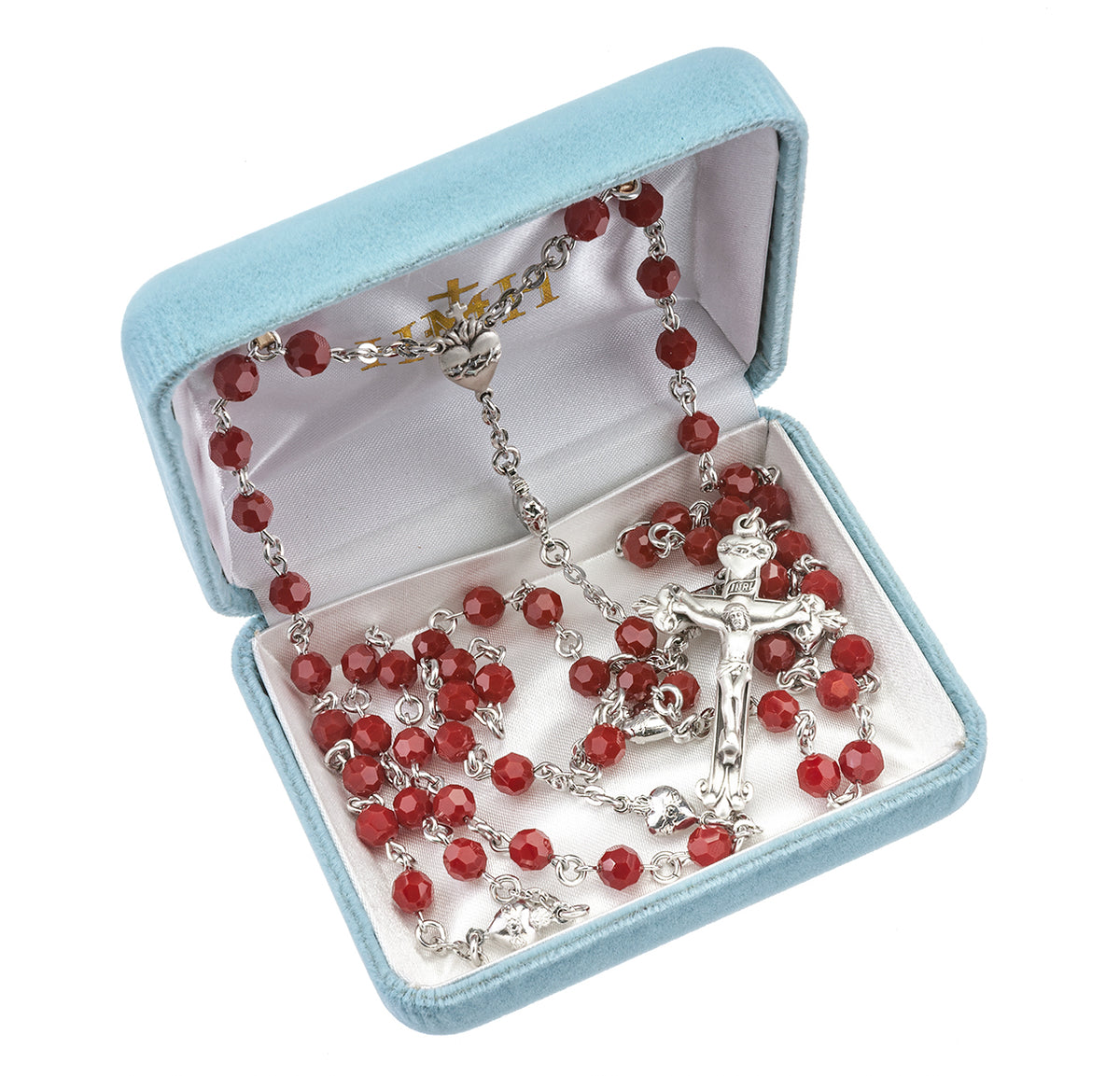 Sacred Heart of Jesus Red Crystal Sterling Silver Rosary in Box