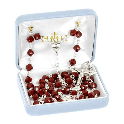 Sacred Heart of Jesus Red Crystal Sterling Silver Rosary in Gift Box, HMH Religious (view 2)