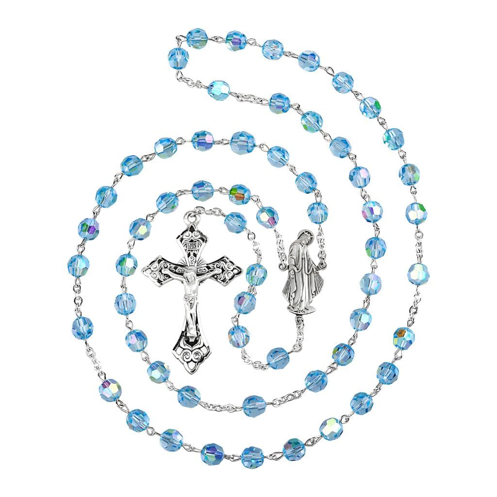HMH Religious Miraculous figure shaped sterling silver rosary. Aqua 7mm crystal beads and sterling silver wire in deluxe box