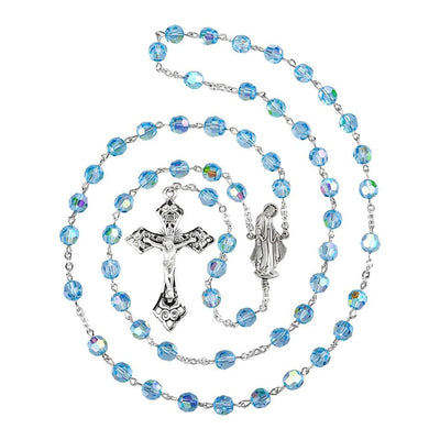 Miraculous figure shaped sterling silver rosary. Aqua 7mm crystal beads and sterling silver wire in deluxe box, HMH Religious