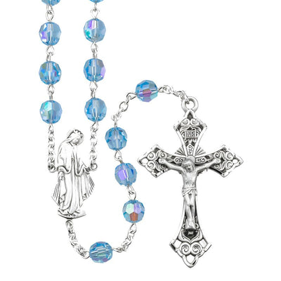 Miraculous figure shaped sterling silver rosary, made in the USA. Aqua 7mm crystal beads and sterling silver wire, HMH Religious
