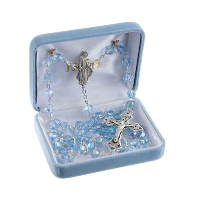 Miraculous figure shaped sterling silver rosary, made in the USA. Aqua 7mm crystal beads and sterling silver wire in deluxe box, HMH Religious