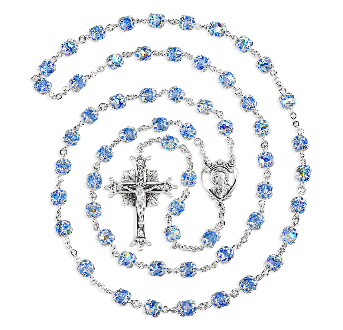 Sacred Heart Sterling Silver Lt Sapphire Crystal Rosary