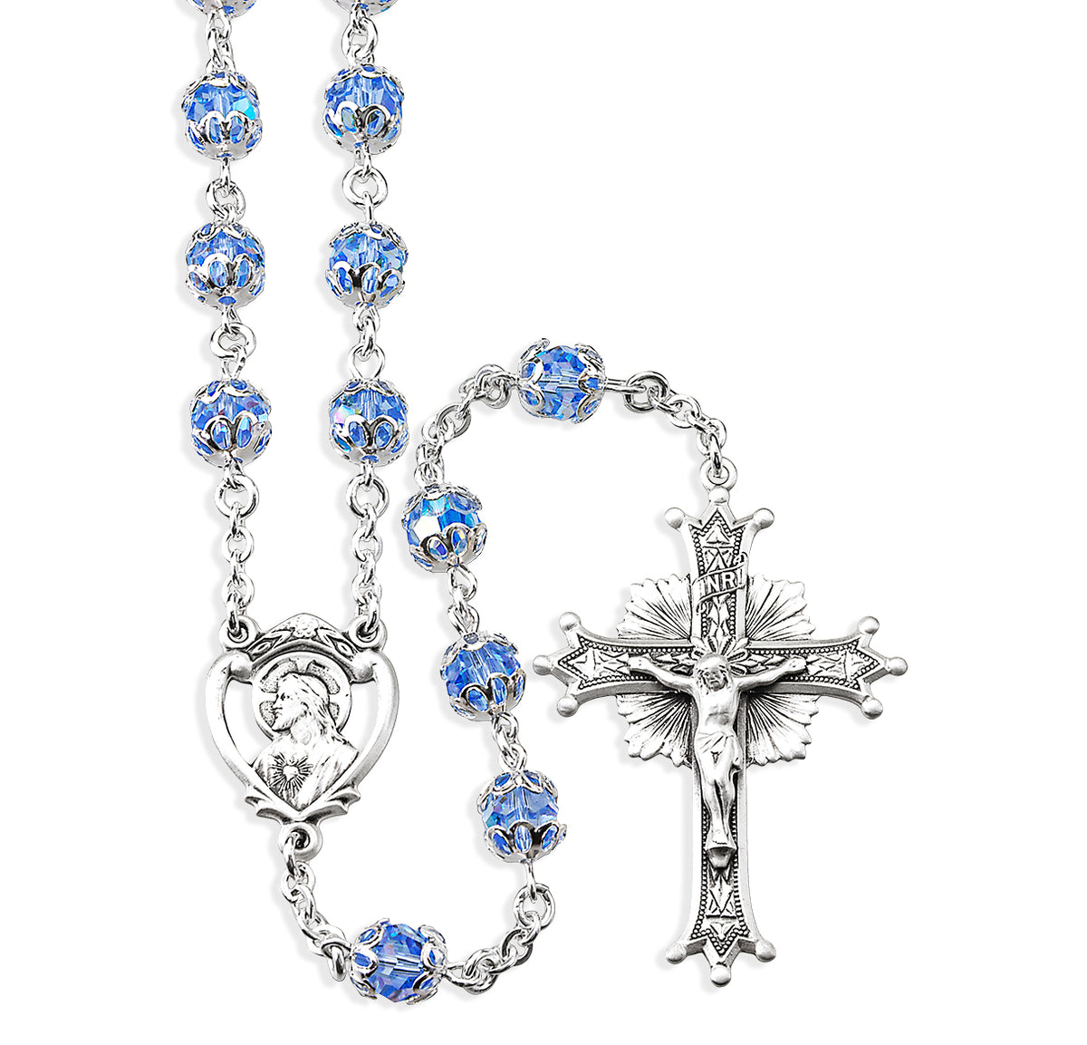 HMH Sacred Heart Sterling Silver Lt Sapphire Crystal Rosary