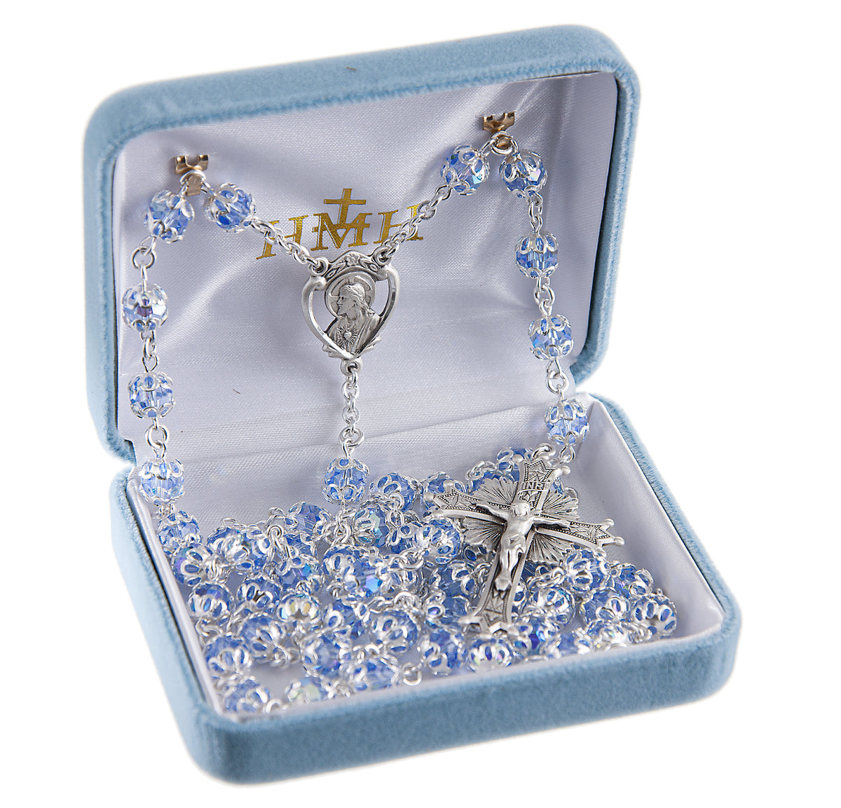 HMH Sacred Heart Sterling Silver Lt Sapphire Crystal Rosary in Box