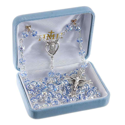 Sacred Heart Sterling Silver Lt Sapphire Crystal Rosary in Box, HMH Religious
