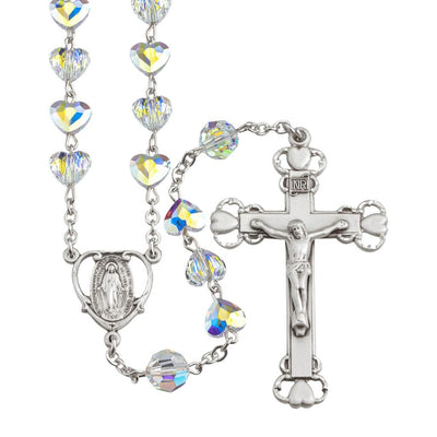 Heart Miraculous Sterling Silver Rosary, made in the USA. Swarovski® Crystal Heart shape crystal beads and sterling silver wire or platinum-plated brass wire chain, HMH Religious (view 1)