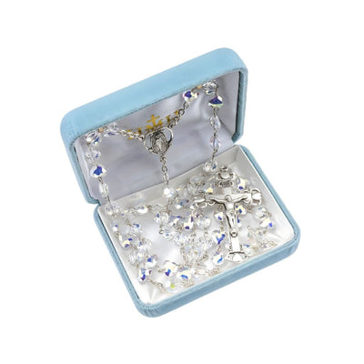 Heart Miraculous Sterling Silver Rosary, made in the USA. Swarovski® Crystal Heart shape crystal beads and sterling silver wire or platinum-plated brass wire chain in gift box. HMH Religious (view 2)