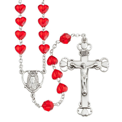 Heart Miraculous Sterling Silver Rosary, made in the USA. Red heart shape crystal beads, HMH Religious