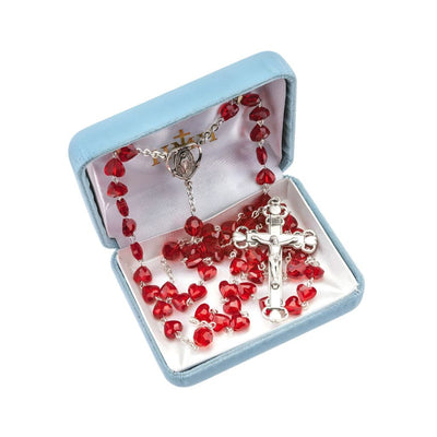 Heart Miraculous Sterling Silver Rosary, made in the USA. Red heart shape crystal beads in deluxe box, HMH Religious