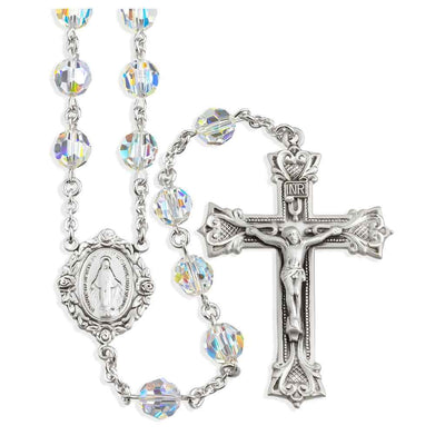 Miraculous Rosebud Sterling Silver Swarovski® 8mm Aurora Borealis Crystal Rosary. Length 25" with sterling silver wire and chain (view 1)