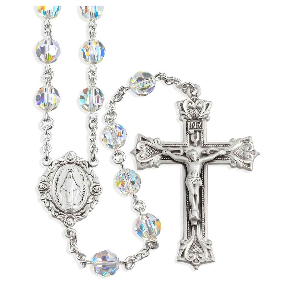 Miraculous Rosebud Sterling Silver Swarovski® 8mm Aurora Borealis Crystal Rosary. Length 25" with sterling silver wire and chain (view 1)