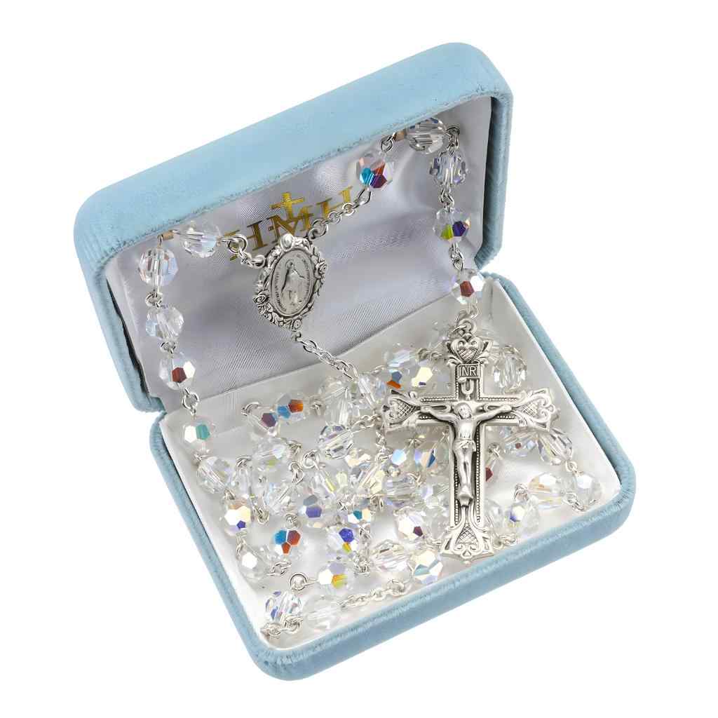 Miraculous Rosebud Sterling Silver Swarovski® 8mm Aurora Borealis Crystal Rosary. Length 25" with sterling silver wire and chain with gift box (view 2)