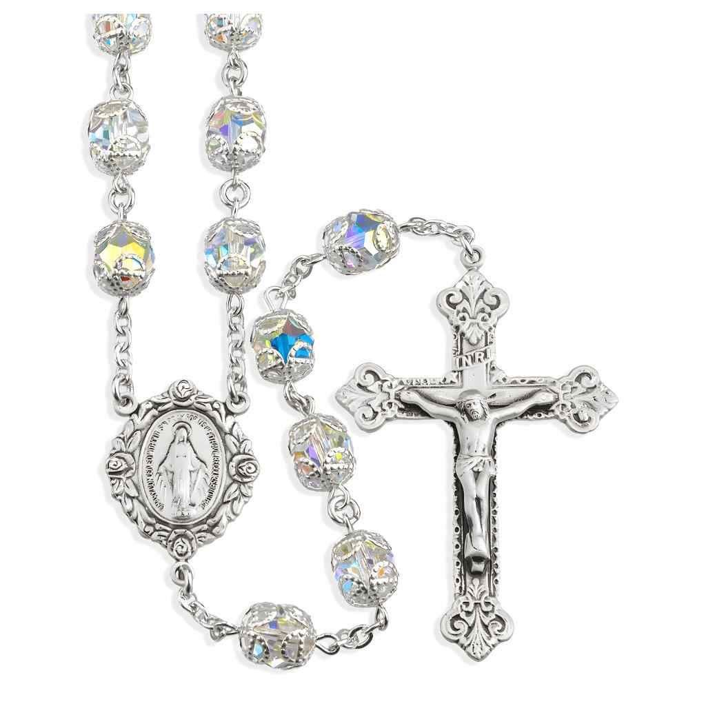 Miraculous Rosebud Sterling Silver Swarovski® 8mm Aurora Borealis Crystal Double Capped Rosary. Sterling silver wire and chain (view 1)