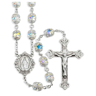 Miraculous Rosebud Sterling Silver Swarovski® 8mm Aurora Borealis Crystal Double Capped Rosary. Sterling silver wire and chain (view 1)