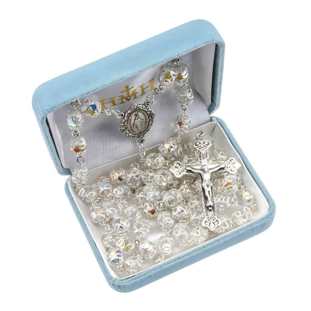 Miraculous Rosebud Sterling Silver Swarovski® 8mm Aurora Borealis Crystal Double Capped Rosary. Sterling silver wire and chain with gift box (view 2)