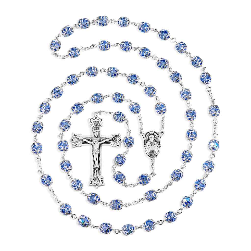 Sacred Heart of Jesus Scapular Sterling Silver Swarovski® 8mm Light Sapphire Crystal Double Capped Rosary. Sterling silver wire and chain (view 2)