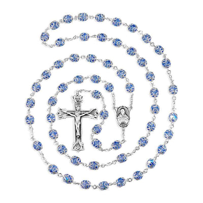 Sacred Heart of Jesus Scapular Sterling Silver Swarovski® 8mm Light Sapphire Crystal Double Capped Rosary. Sterling silver wire and chain (view 2)