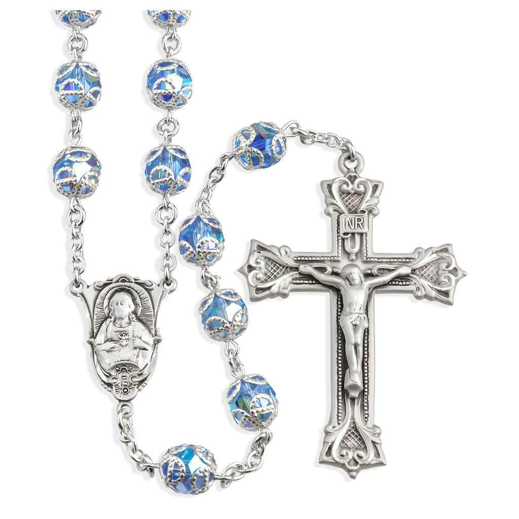 Sacred Heart of Jesus Scapular Sterling Silver Swarovski® 8mm Light Sapphire Crystal Double Capped Rosary. Sterling silver wire and chain (view 1)