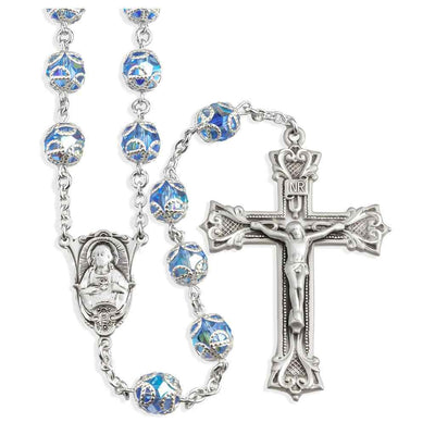 Sacred Heart of Jesus Scapular Sterling Silver Swarovski® 8mm Light Sapphire Crystal Double Capped Rosary. Sterling silver wire and chain (view 1)