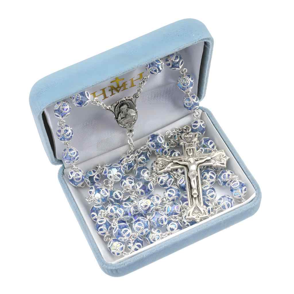 Sacred Heart of Jesus Scapular Sterling Silver Swarovski® 8mm Light Sapphire Crystal Double Capped Rosary. Sterling silver wire and chain with gift box (view 3)