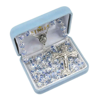 Sacred Heart of Jesus Scapular Sterling Silver Swarovski® 8mm Light Sapphire Crystal Double Capped Rosary. Sterling silver wire and chain with gift box (view 3)