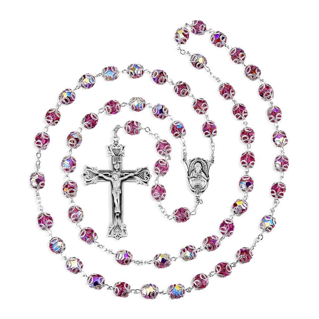 Sacred Heart of Jesus Scapular Sterling Silver Swarovski® 8mm Pink Crystal Double Capped Rosary. Sterling silver wire and chain, HMH Religious (view 2)