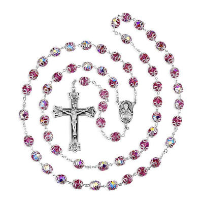 Sacred Heart of Jesus Scapular Sterling Silver Swarovski® 8mm Pink Crystal Double Capped Rosary. Sterling silver wire and chain, HMH Religious (view 2)