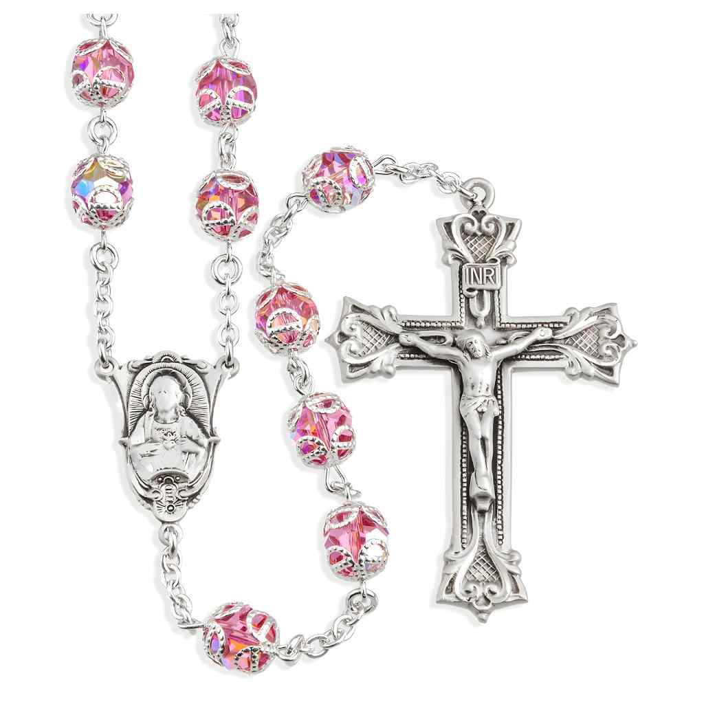 Sacred Heart of Jesus Scapular Sterling Silver Swarovski® 8mm Pink Crystal Double Capped Rosary. Sterling silver wire and chain, HMH Religious (view 1)