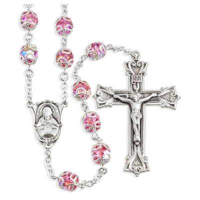 Sacred Heart of Jesus Scapular Sterling Silver Swarovski® 8mm Pink Crystal Double Capped Rosary. Sterling silver wire and chain, HMH Religious (view 1)