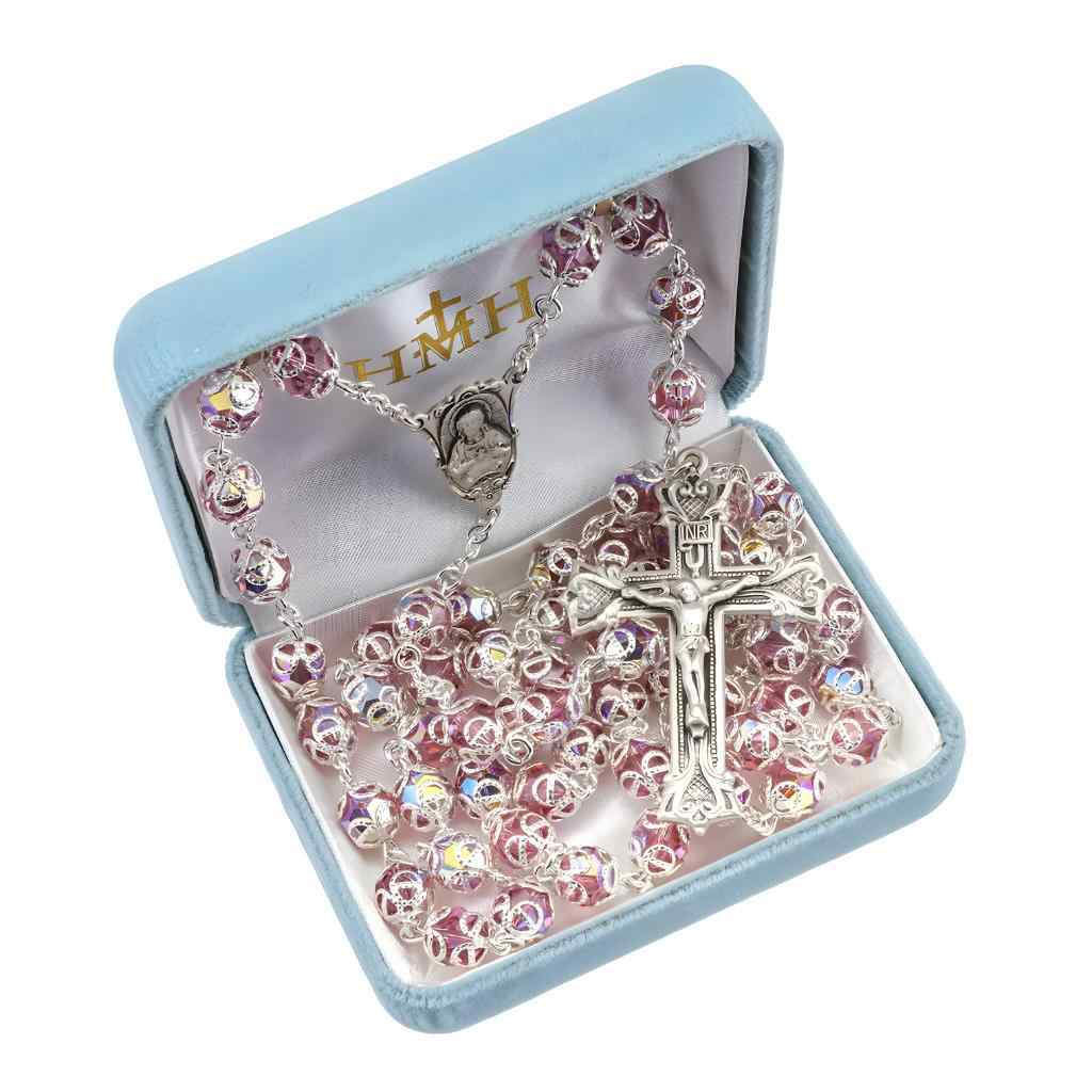 Sacred Heart of Jesus Scapular Sterling Silver Swarovski® 8mm Pink Crystal Double Capped Rosary. Sterling silver wire and chain in gift box, HMH Religious (view 3)