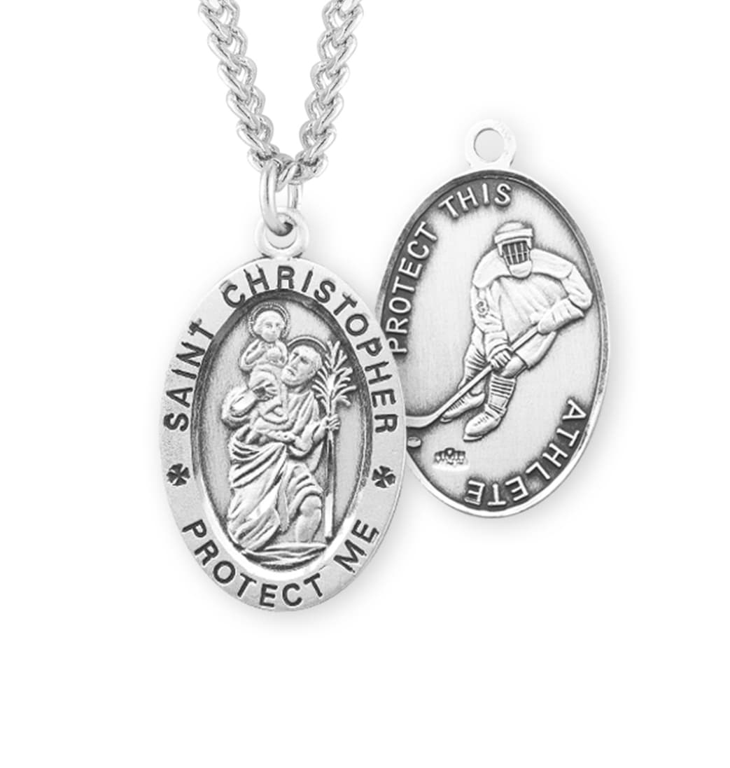 HMH Religious St Christopher Hockey Player Oval Sterling Silver Sports Necklace with Chain,