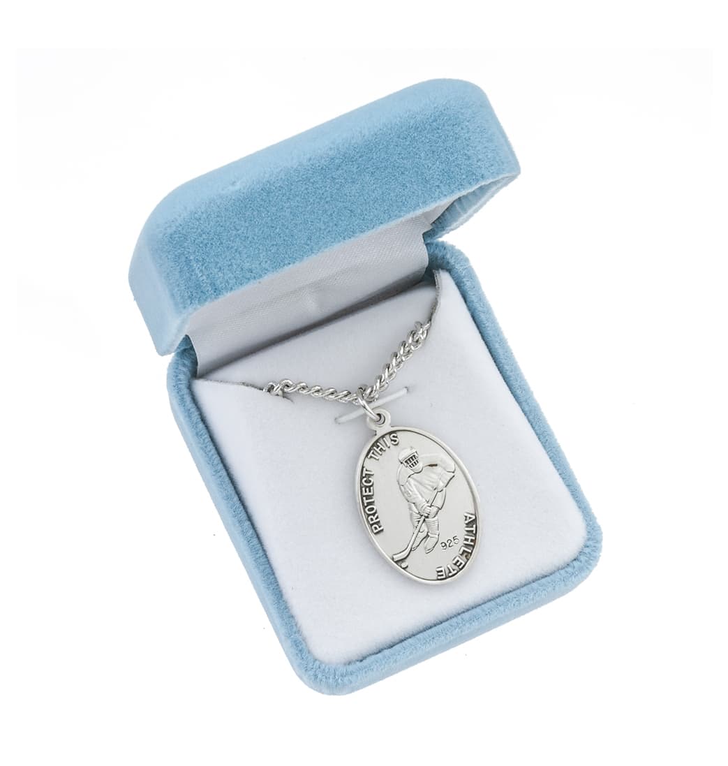 HMH Religious St Christopher Hockey Player Oval Sterling Silver Sports Necklace in Gift Box,