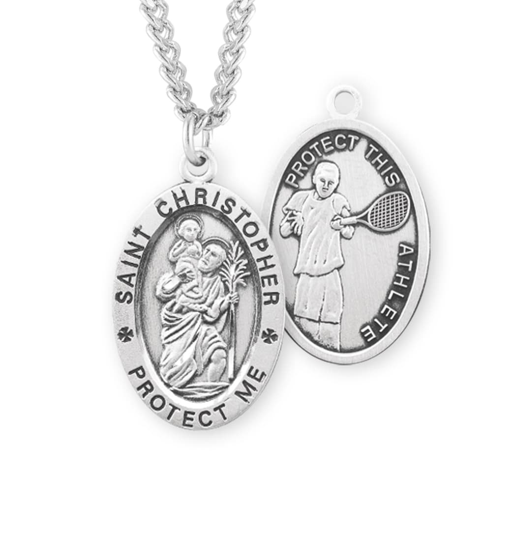 HMH Religious St Christopher Tennis Oval Sterling Silver Sports Necklace with Chain,