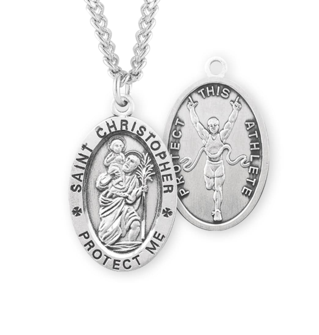 HMH Religious St Christopher Track Oval Sterling Silver Sports Necklace with Chain,