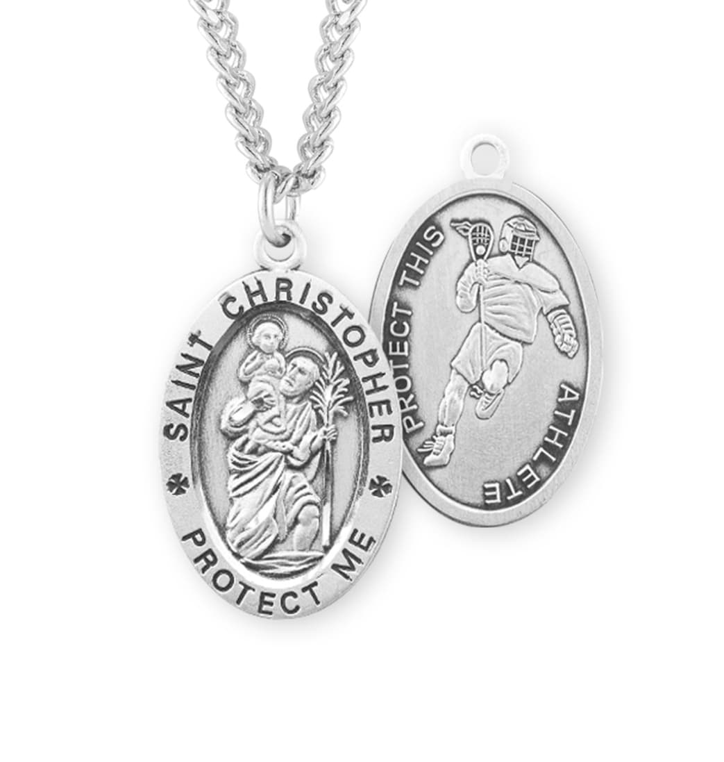 HMH Religious St Christopher Sterling Silver Lacrosse Medal with Chain,