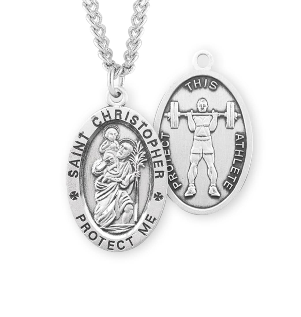 HMH Religious St Christopher Sterling Silver Weight Lifting Medal with Chain,